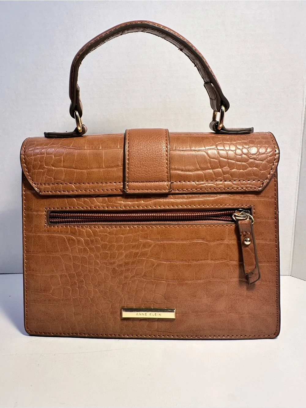 Anne Klein Croc-Embossed Top Handle Satchel in Tan with Gold Ring